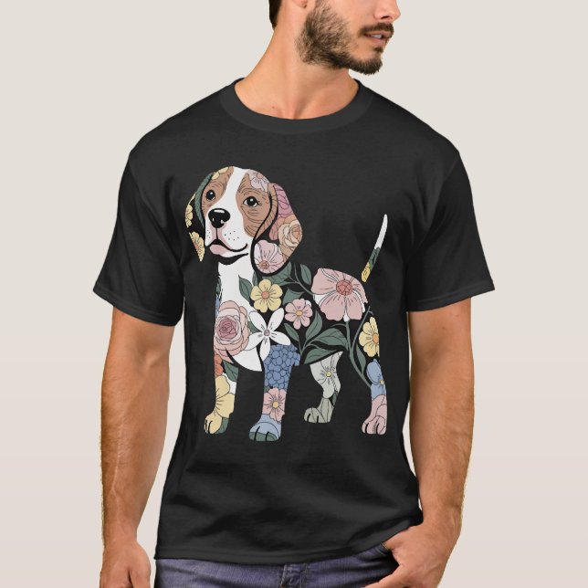 Blommig Beagle Silhuett Design T Shirt (Framsida)