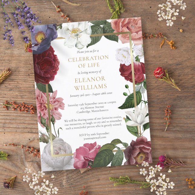 Blommig begravning gul firande av liv meddelande vykort (Floral Funeral Gold Celebration of Life Announcement Postcard)