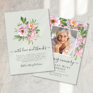 Blommig begravningsbukett med foto tack kort