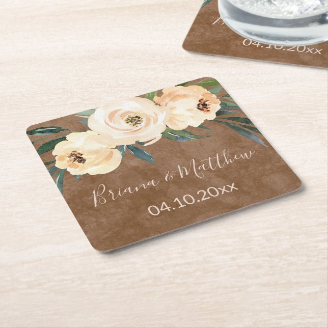 Blommig Beige Brun Bröllop Underlägg Papper Kvadrat (Vinklad)