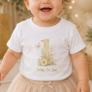 Blommig Beige Ett Första Födelsedags Baby T-Shirt