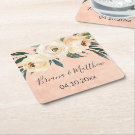 Blommig Beige Rosa Bröllop Underlägg Papper Kvadrat