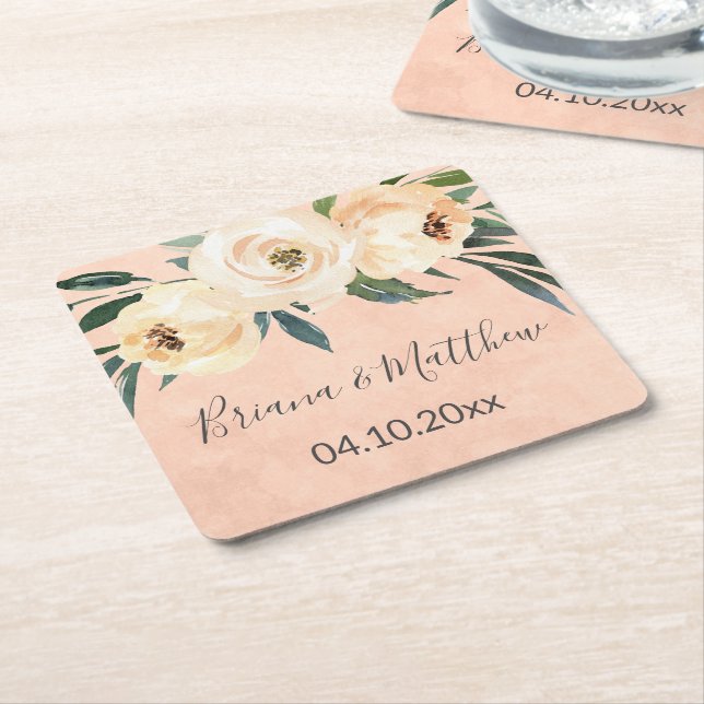 Blommig Beige Rosa Bröllop Underlägg Papper Kvadrat (Vinklad)