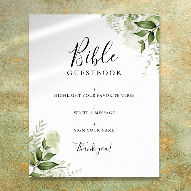 Blommig Bibel Gästbokskylt Poster (Greenery Floral Bible Guestbook Sign)