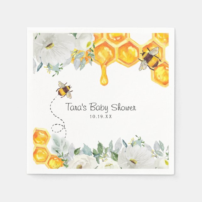 Blommig Bikupa Humla | Baby Shower Servett (Framsidan)