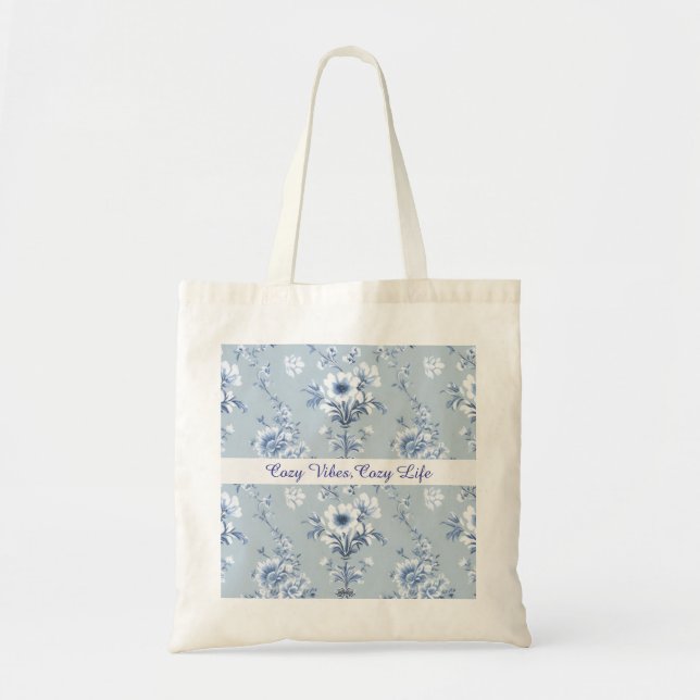 Blommig Blå Chinoiserie Toile med anpassad text Tygkasse (Framsidan)