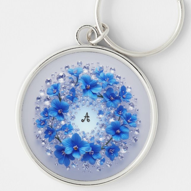 💎 Blommig blå diamant med eget namn charm 🔑 Rund Silverfärgad Nyckelring (Framsidan)