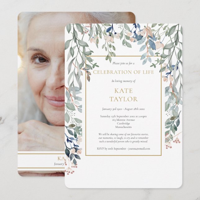 Blommig bladfotofuneral Livets firande Inbjudningar (Fram/baksida)