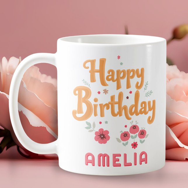 Blommig Blommor Glad Födelsedag Handstilsbokstäver Kaffemugg (Skapare uppladdad)