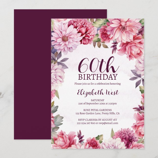Blommig blomning rosé lila 60-årsdag inbjudningar (Fram/baksida)