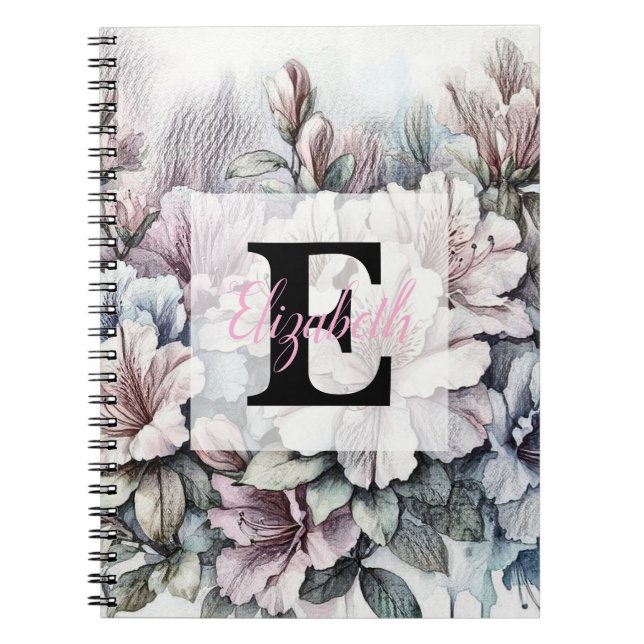 Blommig blomritning monogram rosa blå azaleor  anteckningsbok (Framsidan)