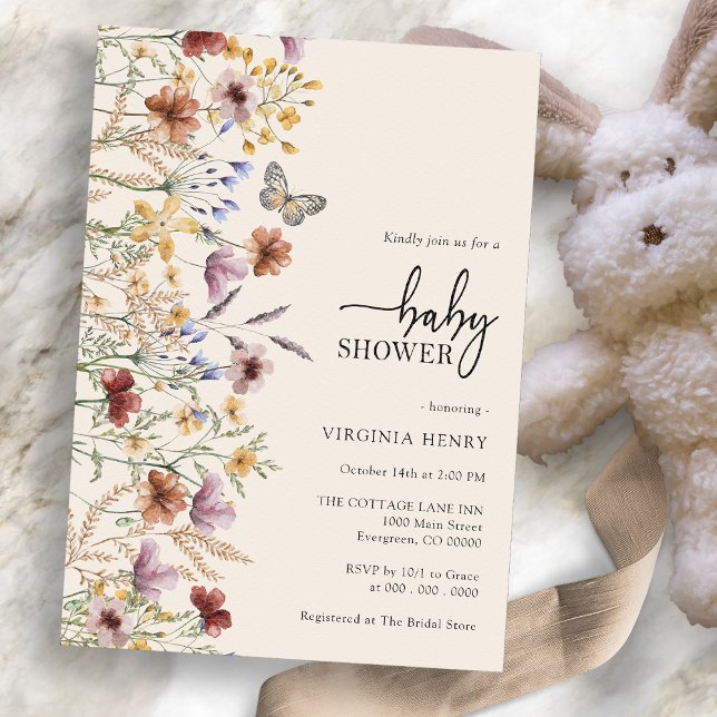 Blommig Boho Barnkalas Inbjudan (Wildflower Floral Boho Baby Shower Invitation by Painted Paperie
)