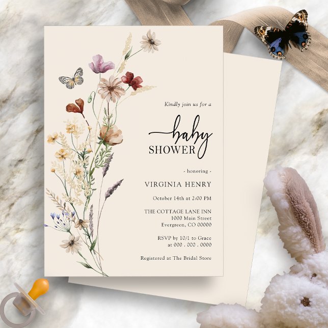 Blommig Boho Bebis Shower Inbjudningar (Floral Boho Baby Shower Invitation with Butterfly by Painted Paperie
)