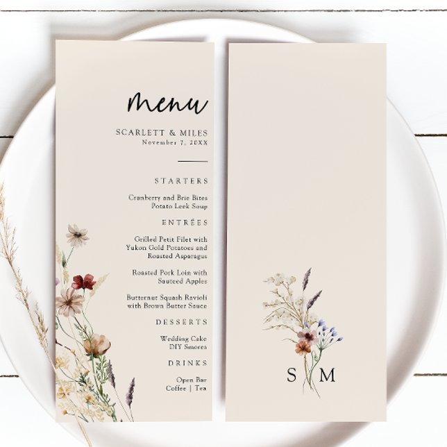 Blommig Boho Bröllop Meny (Tan Wildflower Floral Boho Wedding Menu by Painted Paperie
)