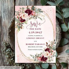 Blommig Boho Burgundy Rosor Guld Rosa Spara Datum Inbjudningar