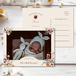 Blommig Boho Foto Födelsekungörelse Postkort Meddelande Vykort