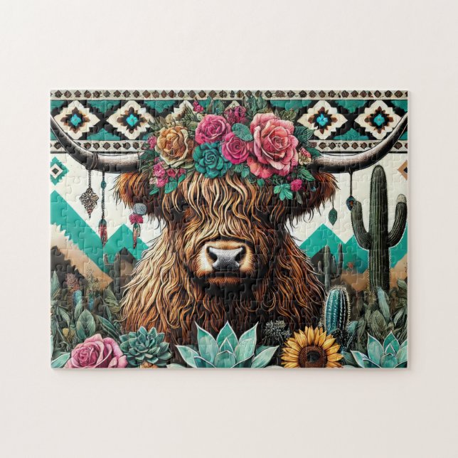 Blommig Boho Highland Ko Pussel (Horisontell)