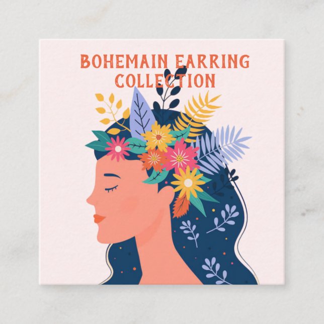 Blommig boho-illustration Örhänge Visningskort Fyrkantigt Visitkort (Framsida)