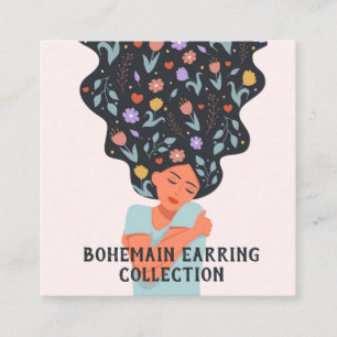 Blommig boho-illustration Örhänge Visningskort Fyrkantigt Visitkort