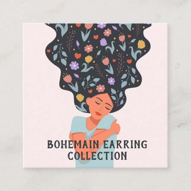 Blommig boho-illustration Örhänge Visningskort Fyrkantigt Visitkort (Framsida)