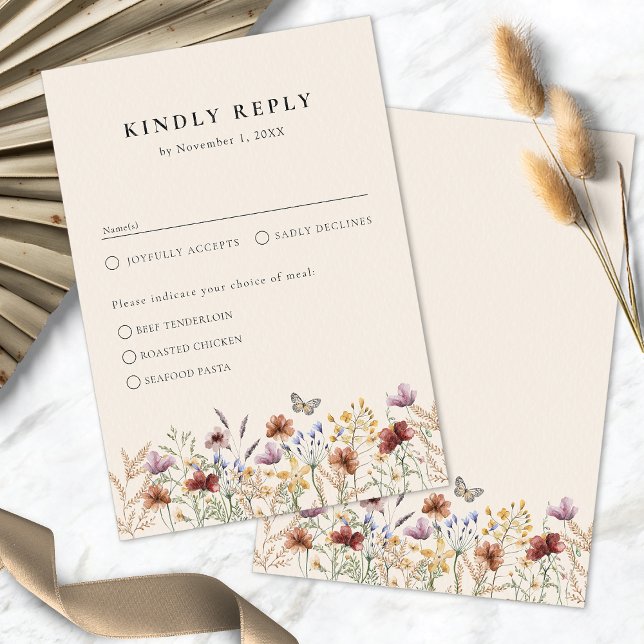 Blommig Boho Med Måltider OSA Kort (Tan Floral Boho Meals RSVP Card by Painted Paperie
)