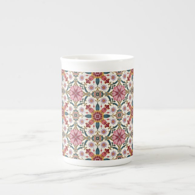 Blommig Boho-mönster i rött, rosa och teal Benporslin Mugg (Framsidan)