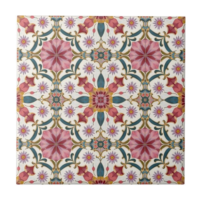 Blommig Boho-mönster i rött, rosa och teal Kakelplatta (Framsidan)