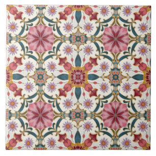 Blommig Boho-mönster i rött, rosa och teal Kakelplatta