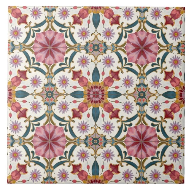 Blommig Boho-mönster i rött, rosa och teal Kakelplatta (Framsidan)