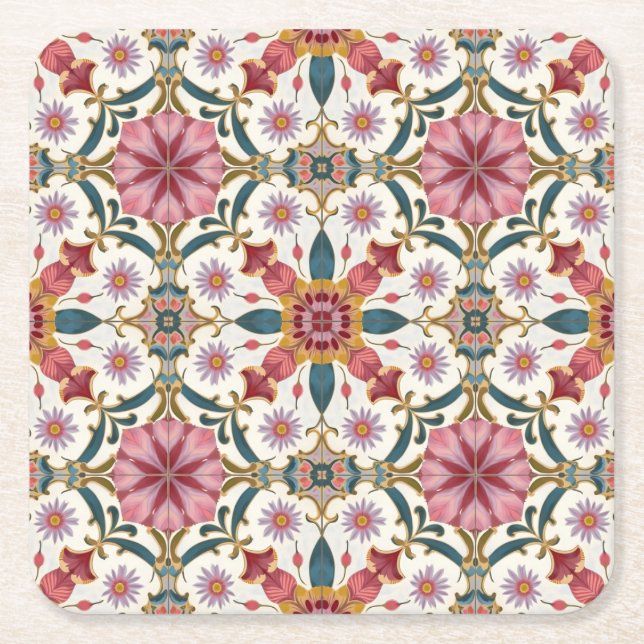 Blommig Boho-mönster i rött, rosa och teal Underlägg Papper Kvadrat (Framsidan)