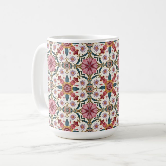 Blommig Boho-mönster i rött, rosa och turkos Kaffemugg (Framsida vänster)