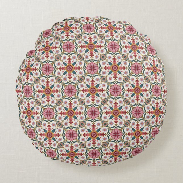Blommig Boho-mönster i rött, rosa och turkos Rund Kudde (Framsidan)