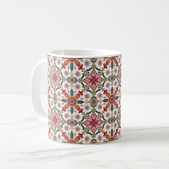 Blommig Boho-mönster i rött, rosa & turkos Kaffemugg (Framsida vänster)