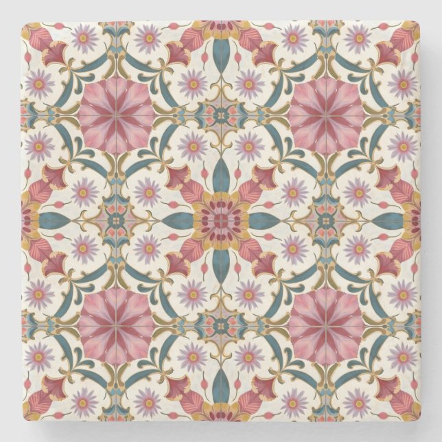 Blommig Boho-mönster i rött, rosa & turkos Stenunderlägg (Framsidan)