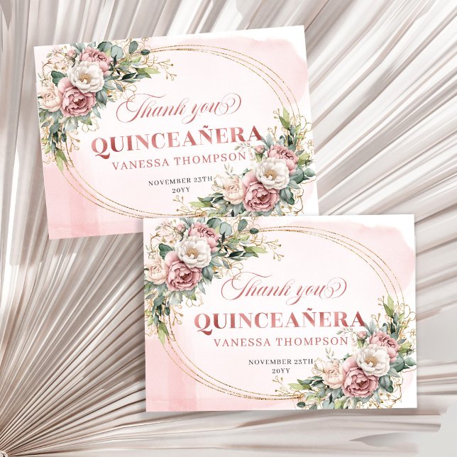 Blommig Boho Quinceañera Tacksamhetskort Dammrosa  Tack Kort (Floral Boho Quinceañera Thank You Card Dusty Pink Gold)