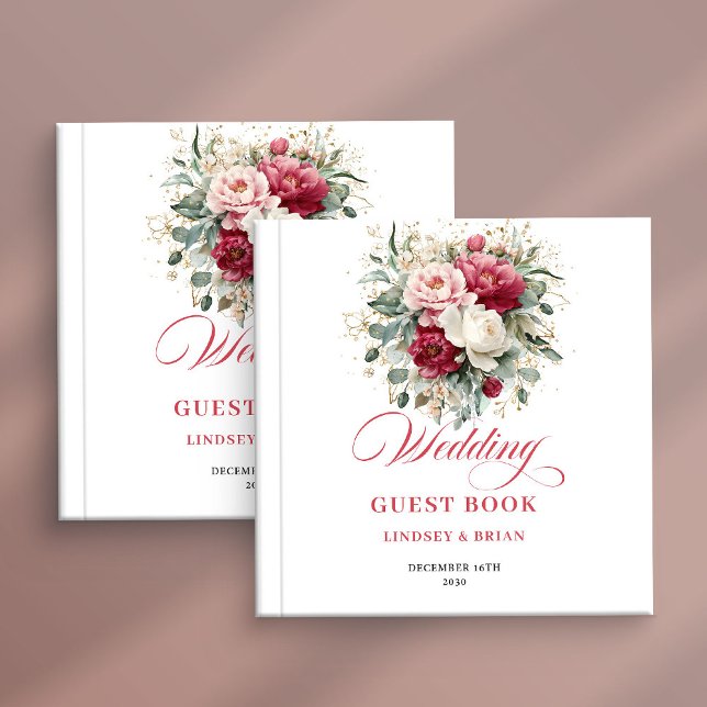 Blommig Boho Röd Vit Bröllopsgästbok Personlig Gästböcker (Floral Boho Red White Wedding Guest Book Personalized)