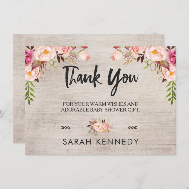 Blommig Boho Rustik Bebis Shower Tacksamhetskort Inbjudningar (Fram/baksida)