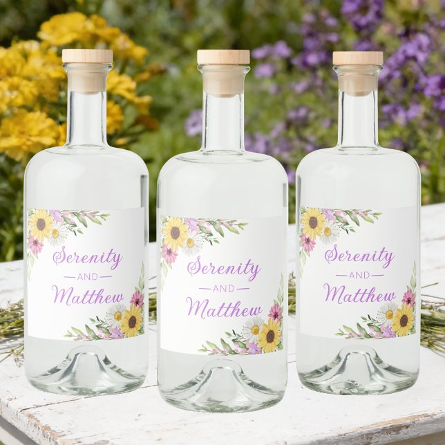 Blommig Boho Solros Daisy Bröllopsdusch Spritflaskor Etikett (Skapare uppladdad)