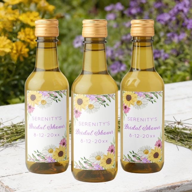 Blommig Boho Solros Daisy Bröllopsdusch Vinetikett (Skapare uppladdad)