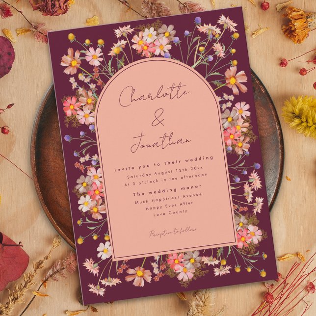 Blommig Boho-valv Burgunder Höstbröllop Inbjudningar (Boho floral arch burgundy terracotta peach wedding invitation watercolor wildflowers )