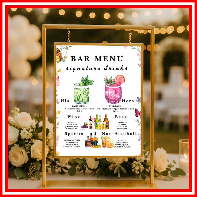 Blommig Boho Vildblomma Bar Meny Bröllopsdryckskyl Poster (Skapare uppladdad)