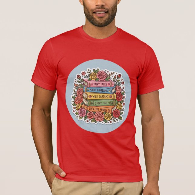 Blommig Bokmask T-Shirt | Söt Läsning & Rosdrube (Framsida)