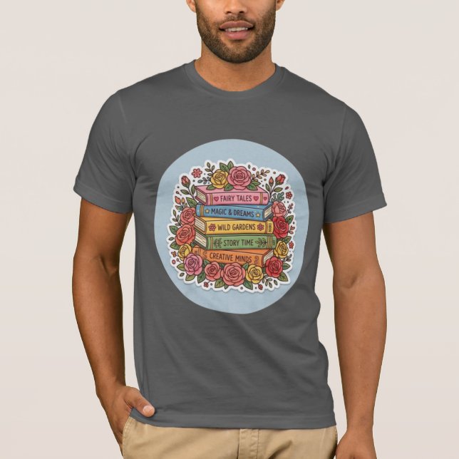 Blommig Bokmask T-Shirt | Söt Läsning & Rosdrube (Framsida)