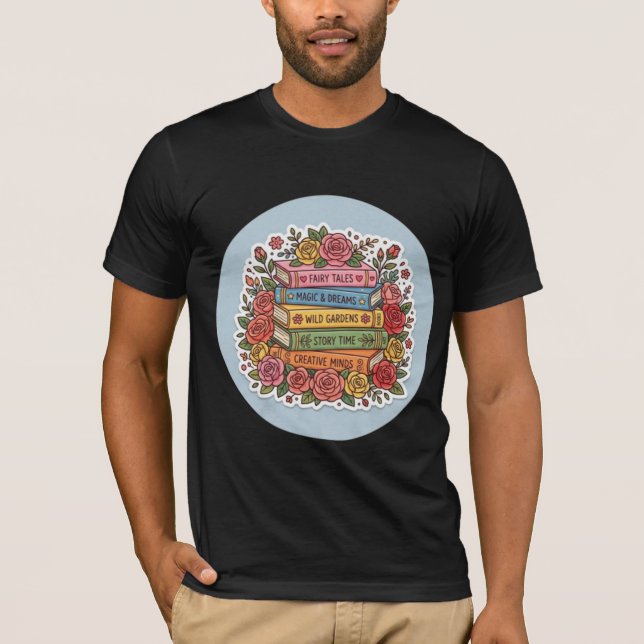 Blommig Bokorm T-Shirt | Söt Läsning & Rosdrube (Framsida)