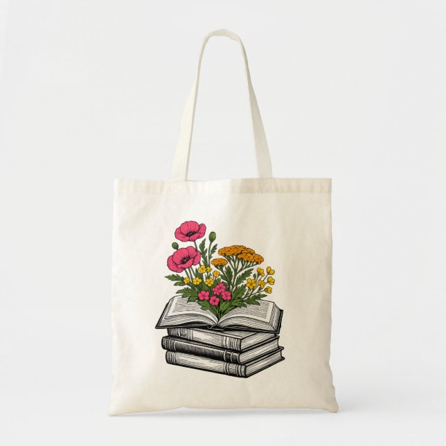 Blommig Bokstapel Estetik Vildblomma Läsare Tygkasse (Framsidan)
