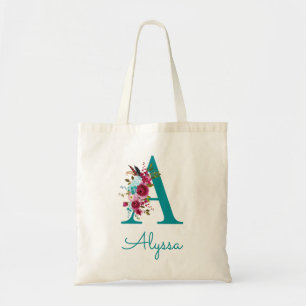 Blommig Bokstav A Script Monogram Turkos Rosa Tygkasse