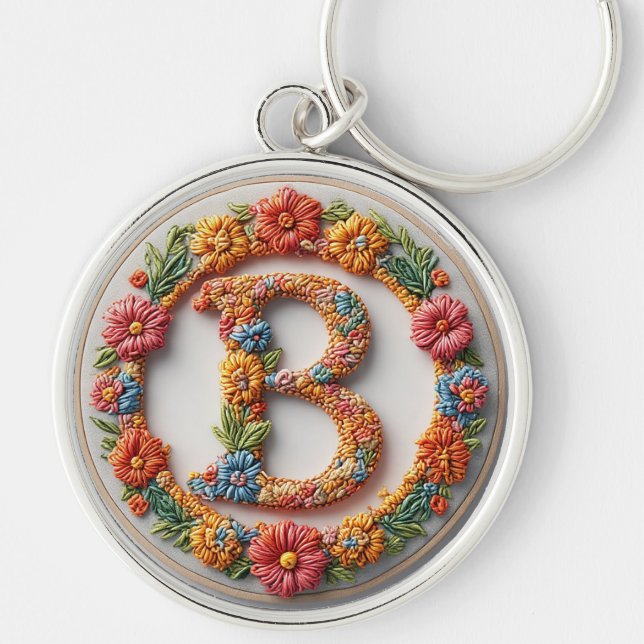 Blommig Bokstav B Monogram Design Rund Silverfärgad Nyckelring (Framsidan)