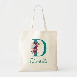 Blommig Bokstav D Script Monogram Teal Rosa Tygkasse