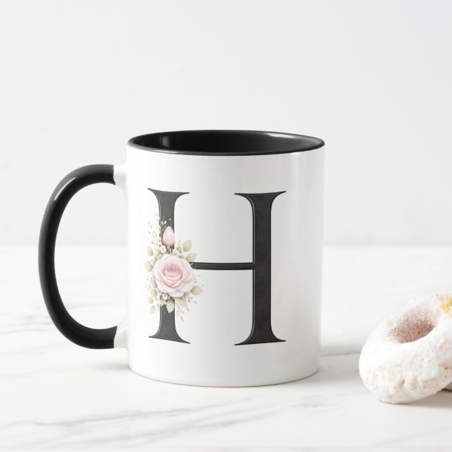 Blommig Bokstav H Monogram | Elegant Initial H Log Mugg (Med munk)
