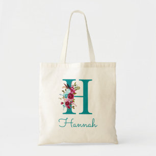 Blommig Bokstav H Script Monogram Teal Rosa Tygkasse